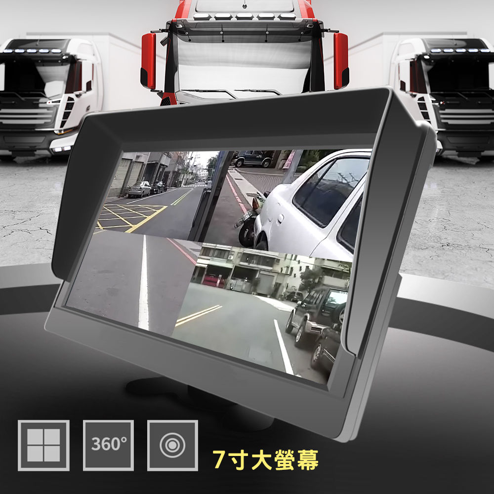 S504 搭配 7 寸大螢幕，可切換四分割與 360 度全景畫面即時查看車輛周邊狀況